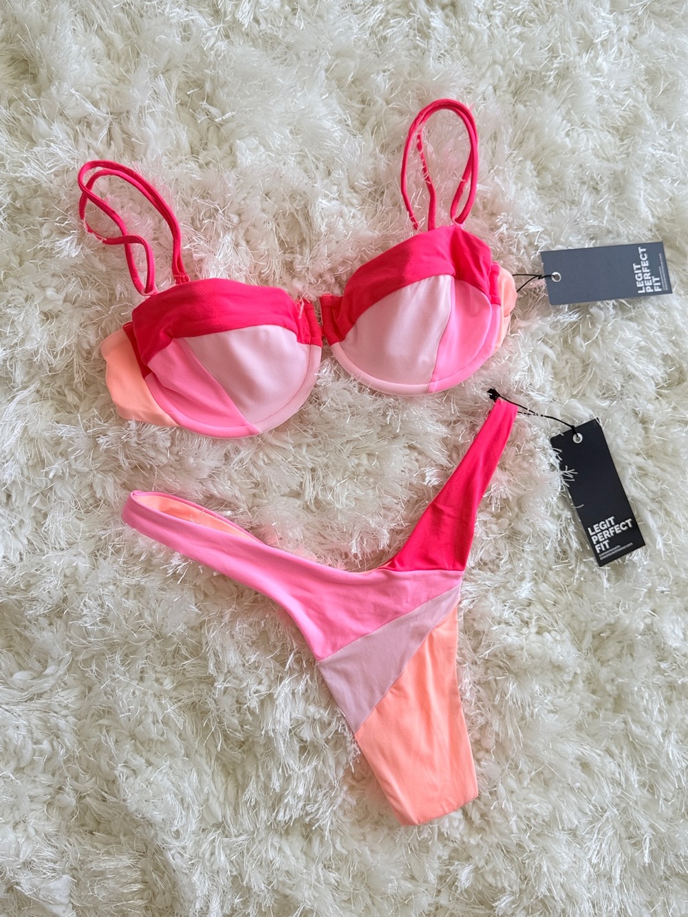 NWT ONE ONE NEON PINK THONG Colorblock CORAL BIKINI HIGH LEG VINTAGE UNDERWIRE